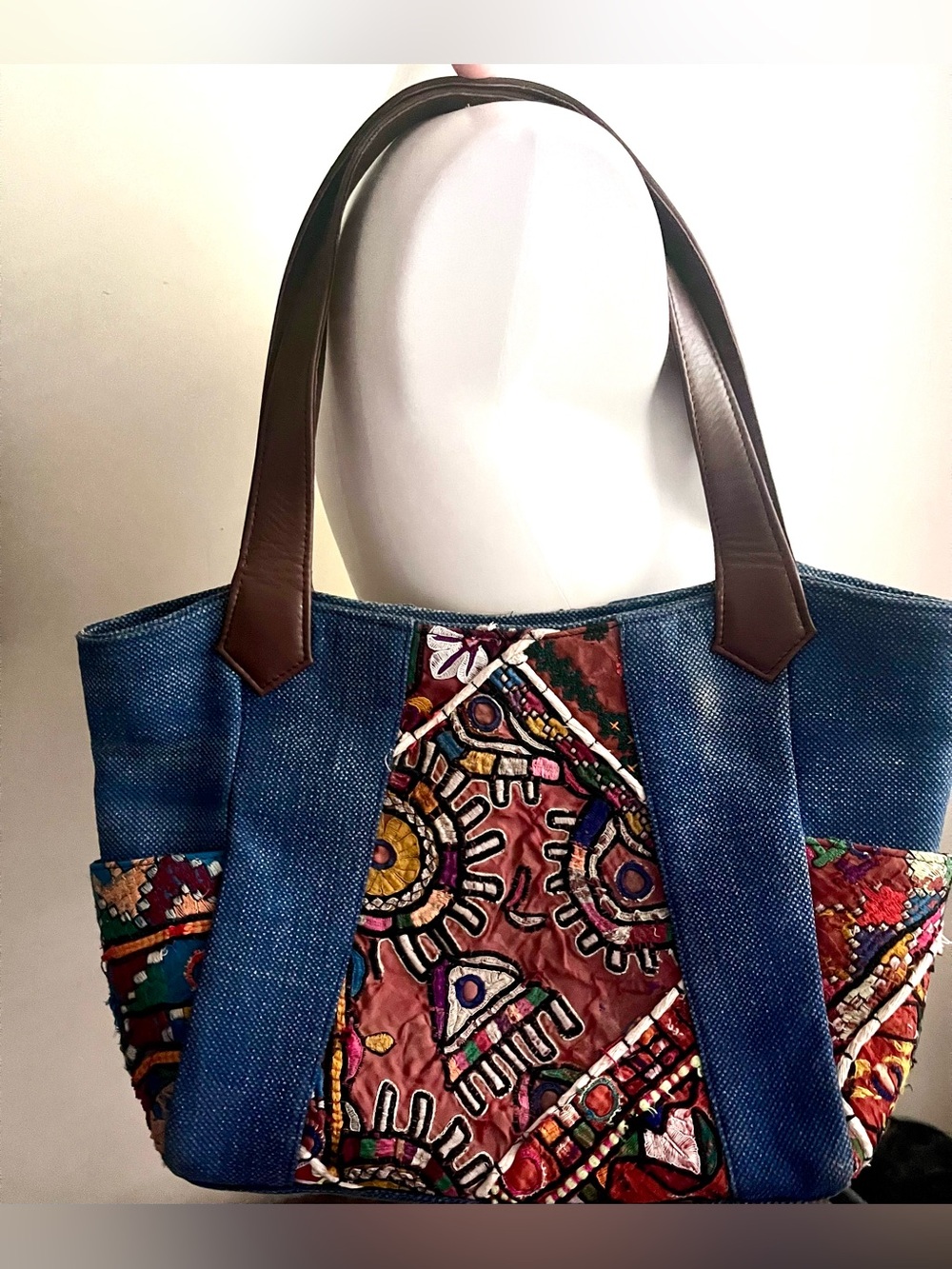 Denim Tote with Multicolor Embroidered Front Panel and Brown Handles